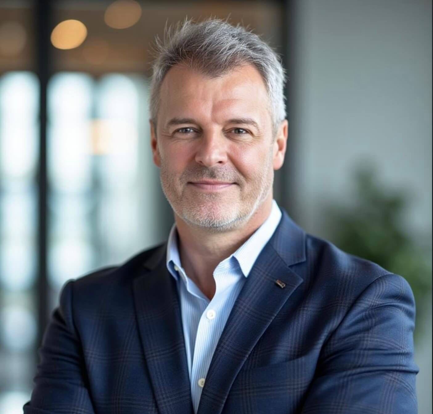 En medelålders man med grått hår och kort skägg, klädd i blå kostym och ljusblå skjorta, ler självsäkert när han står i en modern kontorsmiljö.